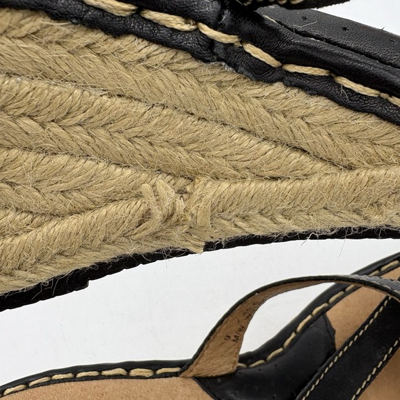 Born Sandals Womens Size 8 Black Leather Espadrille Wedge Heel Mule Toe Loop - Picture 10 of 12